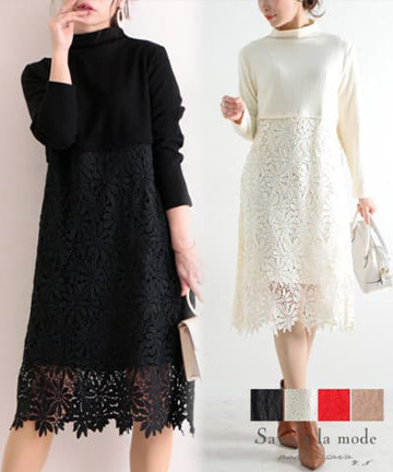 【低身長さんサイズ対応】花レース切り替えのハイネックワンピース