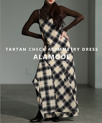 チェック柄アシンメトリーフレアキャミワンピース