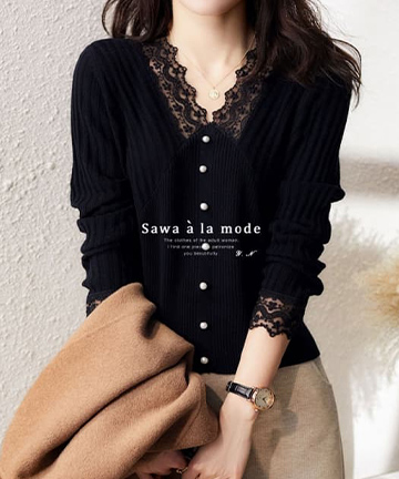 艶めくパールのレースリブニットトップス