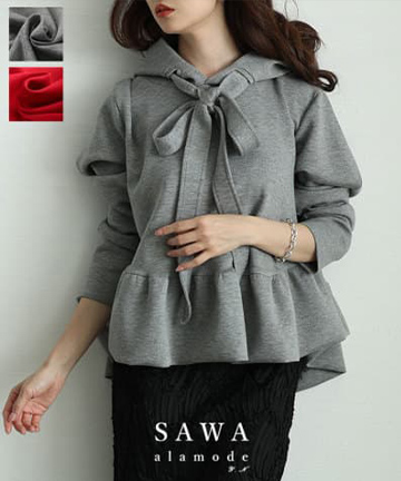 リボンタイ付きペプラムフーディートップス