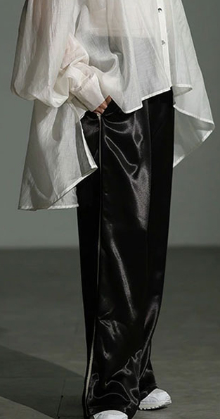 レディース 大人 上品 サイドラインサテンイージーワイドパンツ