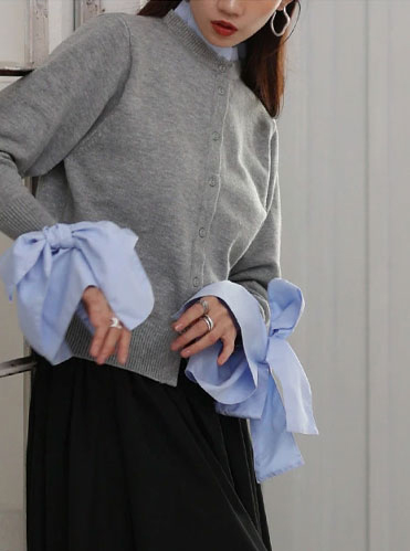 レディース 大人 上品 レイヤード風袖リボンカーディガン