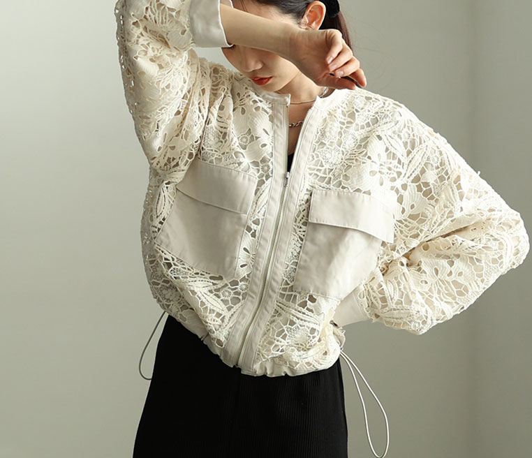 裾ドロストジップアップレースブルゾン