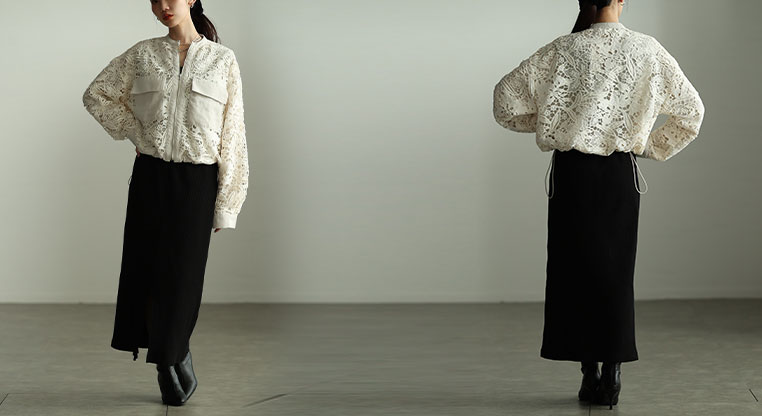 裾ドロストジップアップレースブルゾン