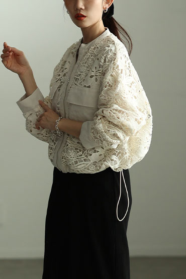 裾ドロストジップアップレースブルゾン