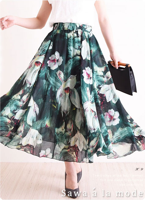 花柄シフォンサーキュラーロング丈スカート