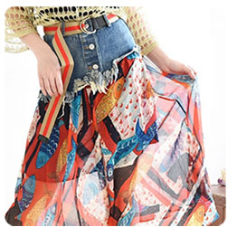 デニム幾何学柄シフォン切替アシンメトリースカート