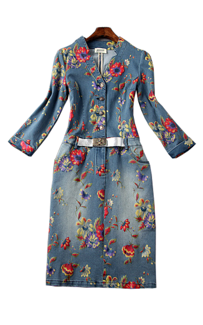 タイトデニムの花柄プリントワンピ