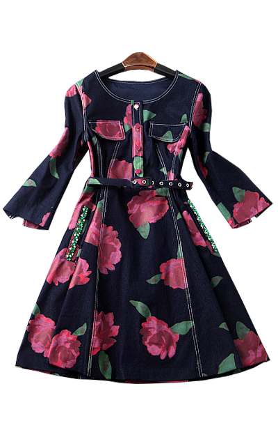 花柄プリント7分袖デニムワンピ