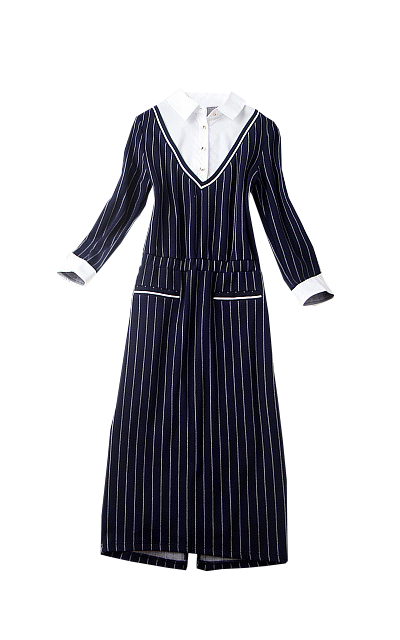 フェイクレイヤードの長袖ストライプワンピース