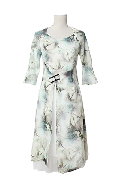 プリント生地の長袖レイヤード チャイナワンピース