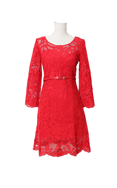 ベルトつき総レースのメッシュスリム赤ワンピース