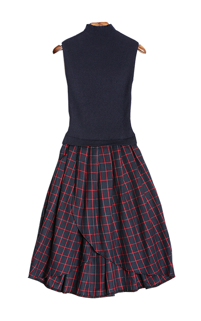 タイトニット×チェック柄ラップスカートワンピ