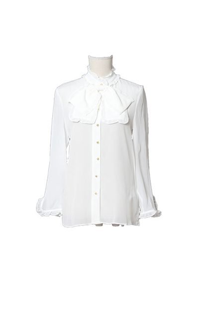 フリルリボンのシルク長袖シャツトップス