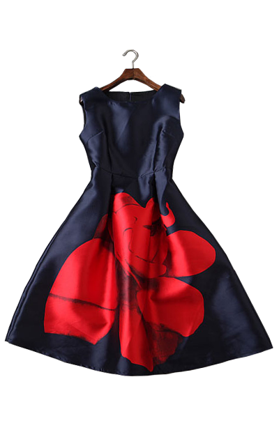 フラワープリントの膝丈フレアードレス