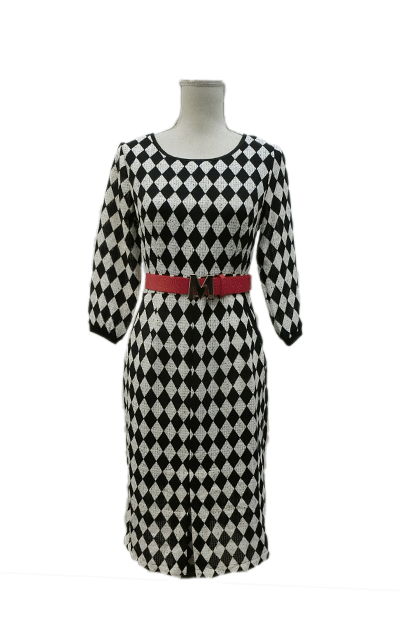 ダイヤチェックの7分袖膝丈ワンピ