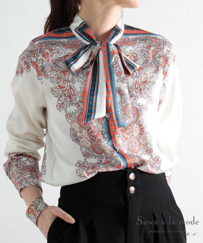 スカーフ柄長袖ボウタイブラウス