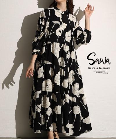 レトロな大人の華やぎ花柄ティアードワンピース