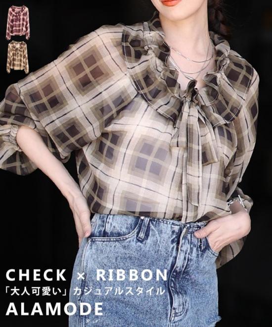 シアーチェックフリルネックブラウス 【3月30日20時販売新作】