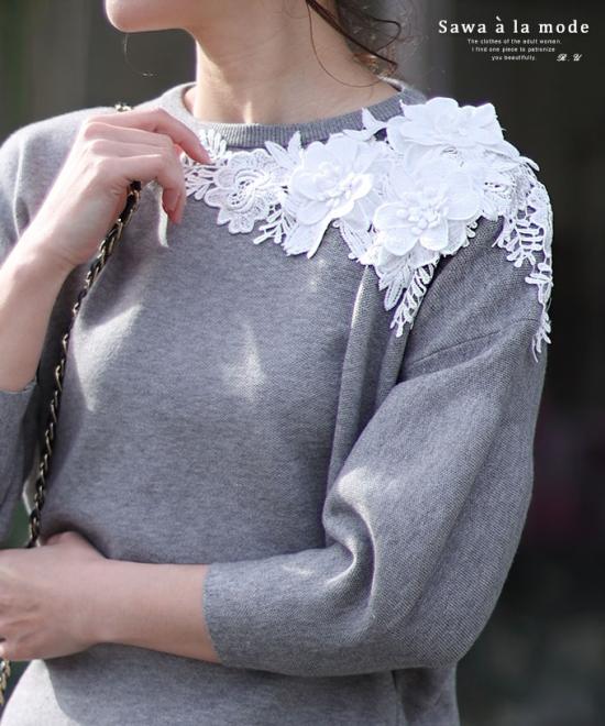 花モチーフレースのニットトップス