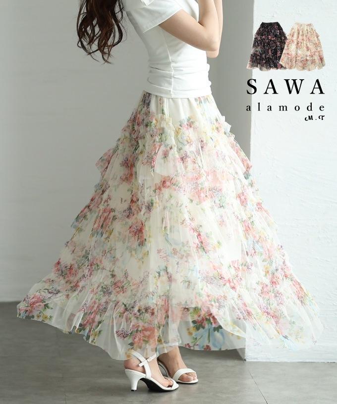 Sov.　ソブ　2022AW　フレアロングスカート　花柄　Aライン　総柄　36 Lace Ladies（レースレディース） スカート 花柄 細プリーツ ロング